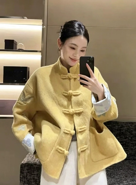 新中式国风黄色盘扣毛呢外套女新款爆款秋冬今年流行漂亮上衣外套