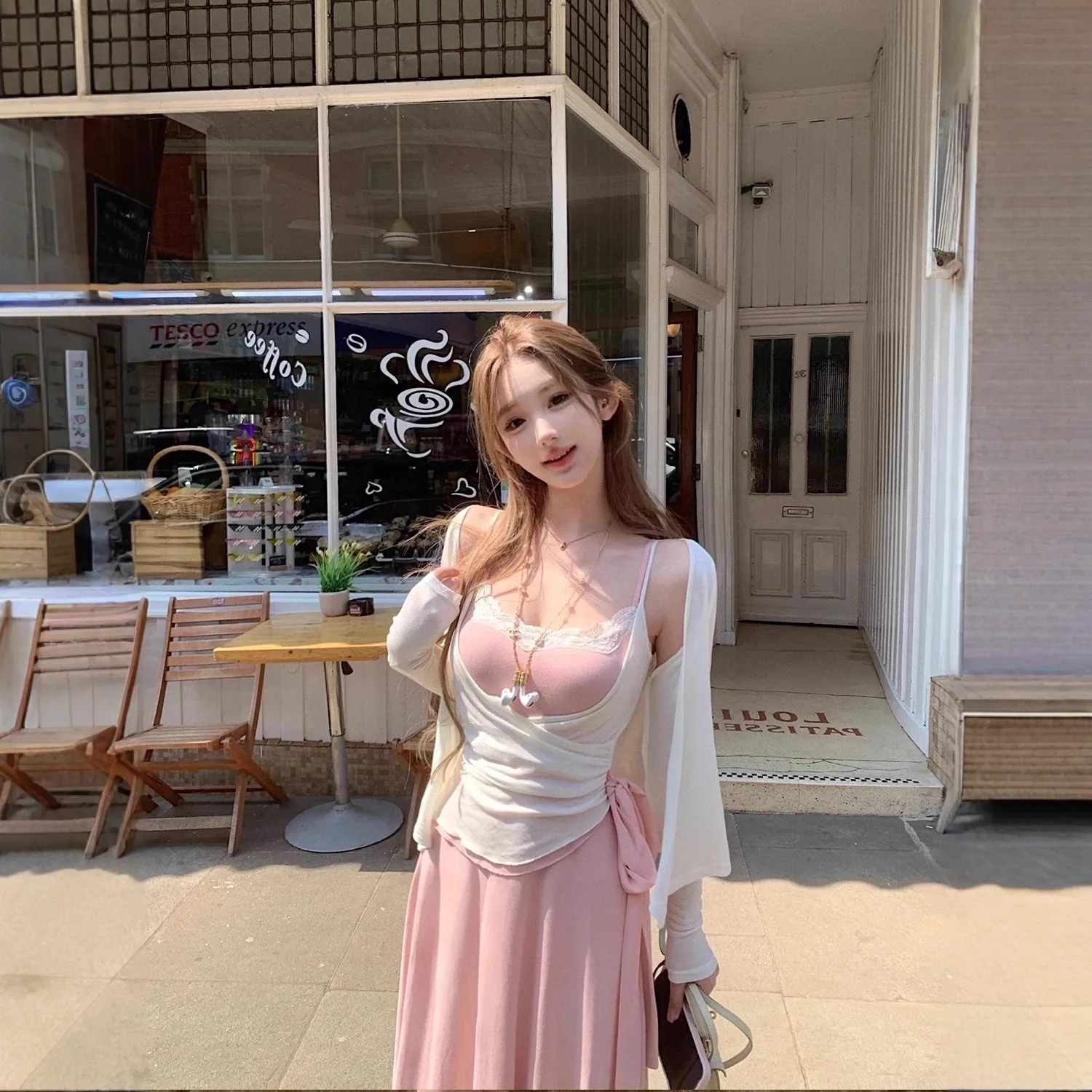 JMSHOP 卢兹 温柔假两件吊带连衣裙女长款拼接裙子/针织开衫