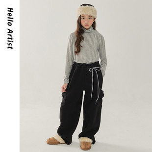 Fork25冬女纯色蝴蝶结侧袋薄绒运动直筒裤 叮当森林韩国童装 代购