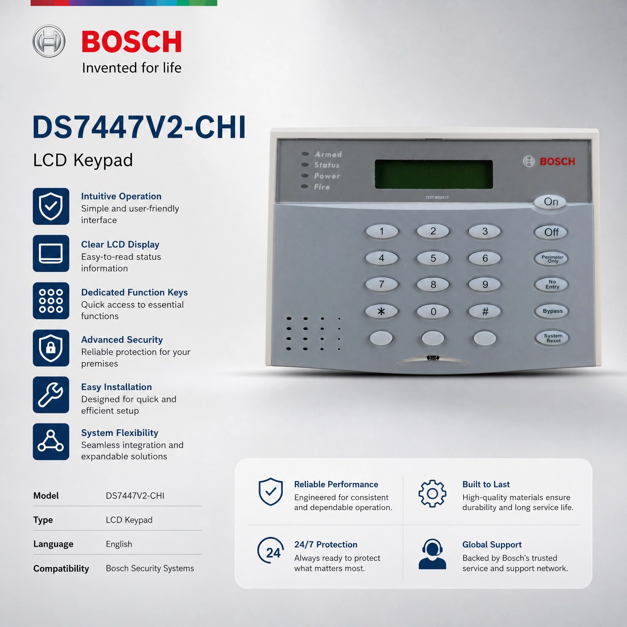 正品博世DS-7447V2-CHI键盘中英文液晶显示 配DS7400有线报警主机