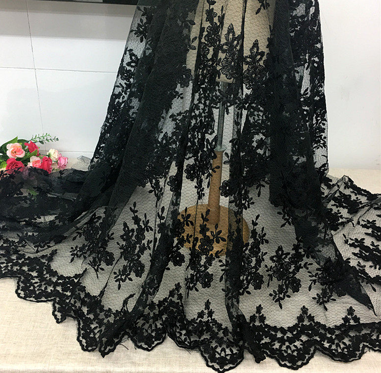 新款黑色蕾丝布料满幅网纱绣花花朵花边蕾丝礼服装饰花边面料