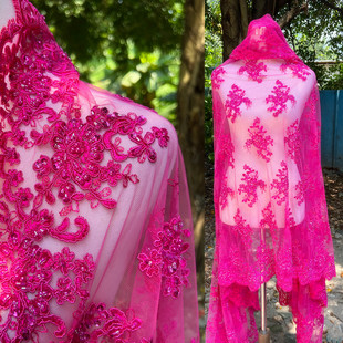 玫红宝蓝色超重工手工钉珠车骨蕾丝面料服装连衣裙礼服刺绣布料