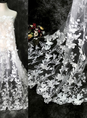 黑白色蝴蝶夫人3D立体蝴蝶水溶刺绣蕾丝网纱贴花婚纱设计师布面料