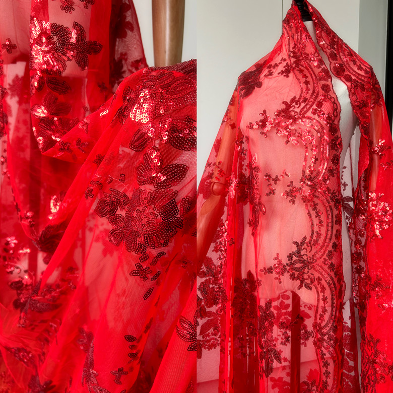 牡丹花朵蕾丝大红香槟金深蓝酒红黑金色亮片布料表演亮片绣花面料