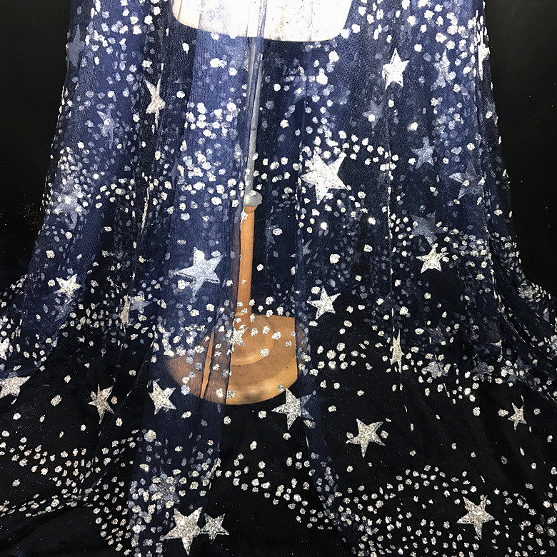 低调奢华藏深蓝色灰色网纱星星亮片布料烫金亮珠片布料面料礼服