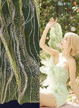 闪亮发光闪光波浪亮片纱布料透明绿色绿色精灵亮片布料设计师面料