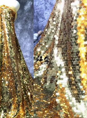 大气高端9MM特密金黄色亮片网纱蕾丝服装布料婚纱礼服设计师面料