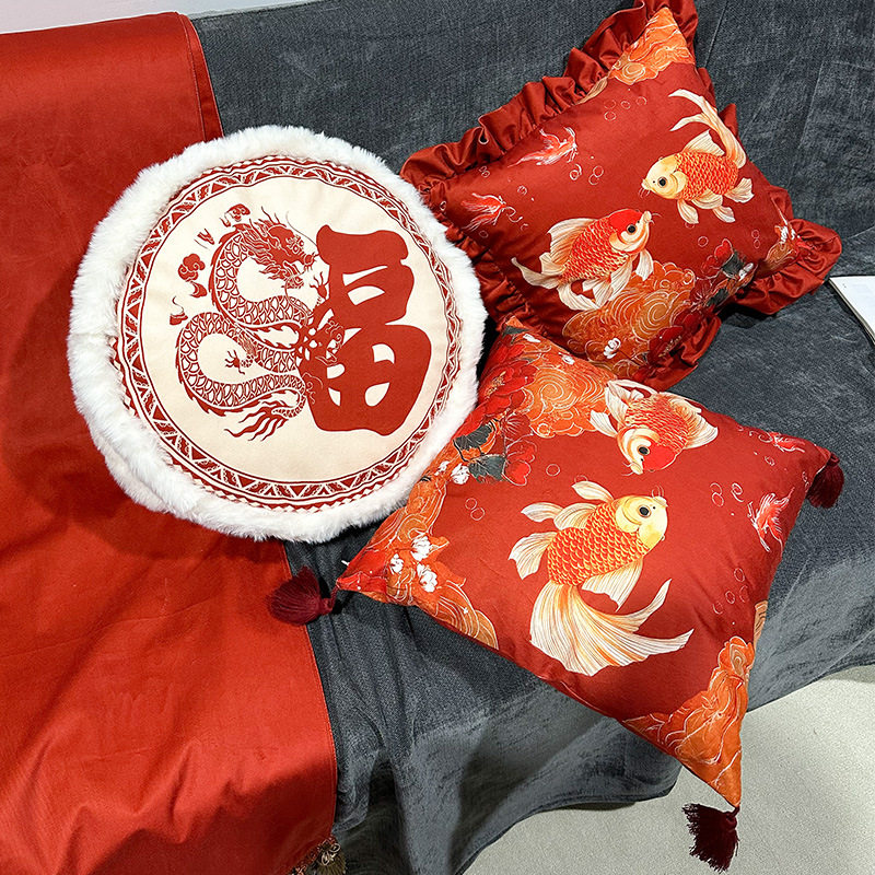 新年抱枕套喜庆双面印花方形锦鲤抱枕沙发过年红色抱枕客厅高级