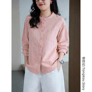 铜扣记苎麻棉衬衫女圆领休闲百搭宽松显瘦韩版春夏薄款衬衣开衫女