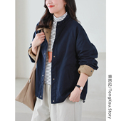 韩版 铜扣记纯棉风衣女立领休闲百搭宽松显瘦秋季 新款 撞色防风外套