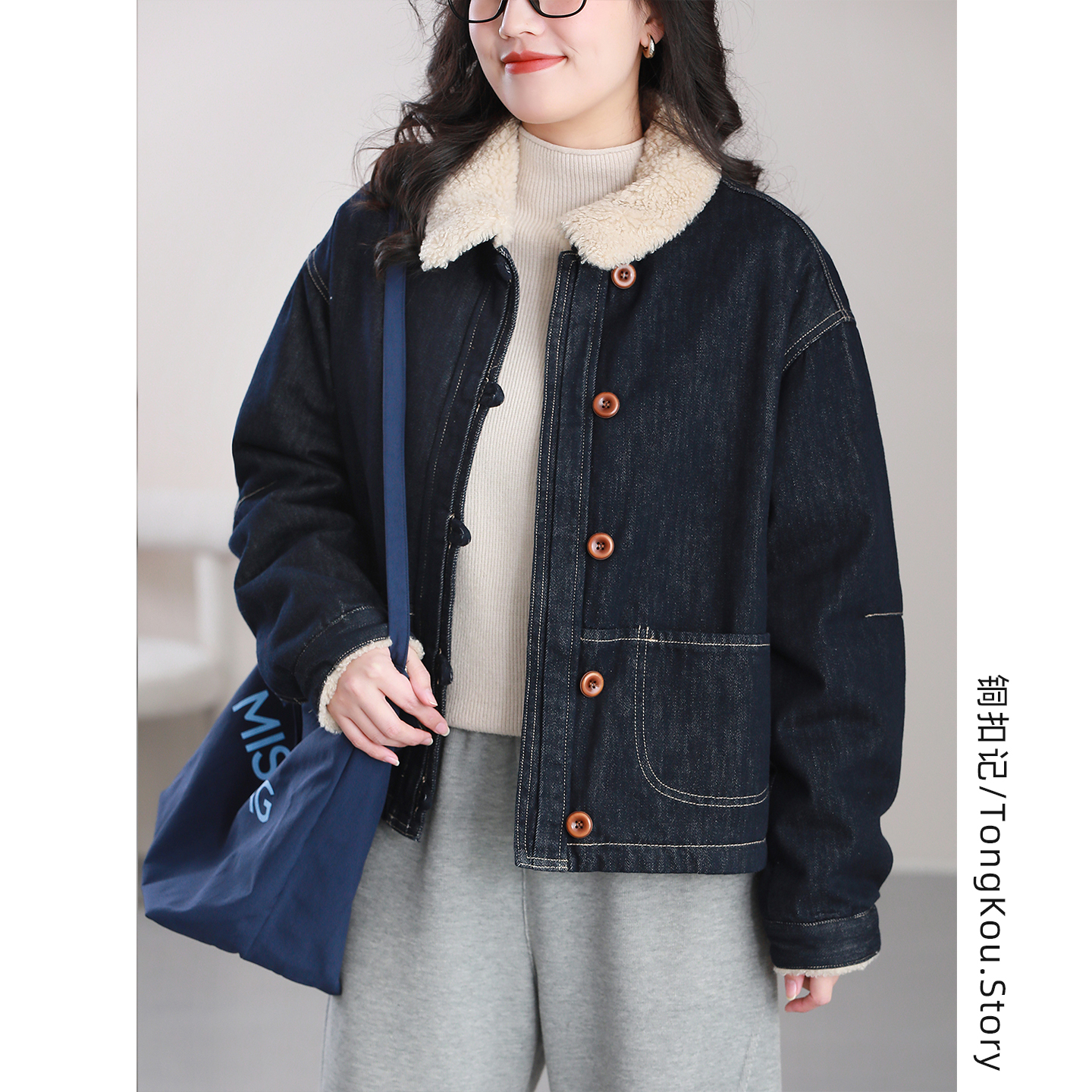 铜扣记冬季女牛仔夹棉保暖外套