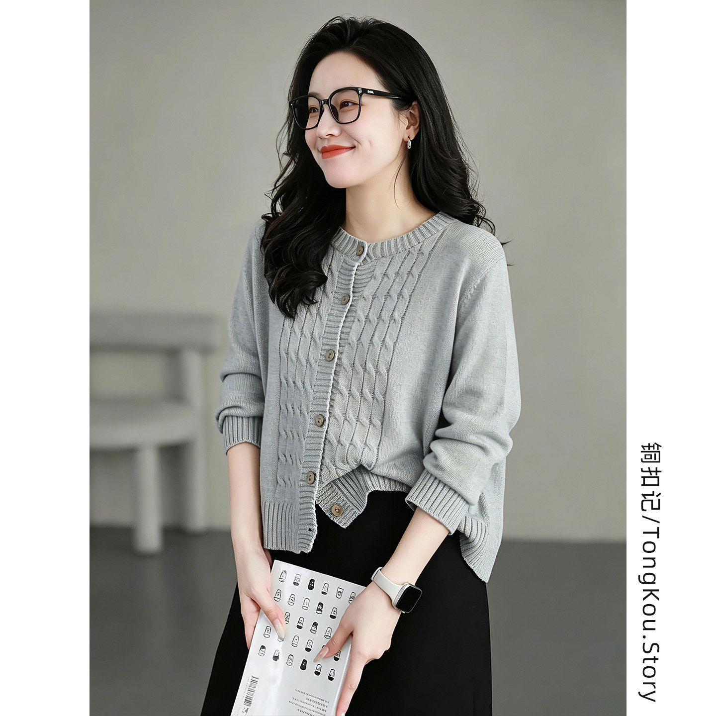 铜扣记麻花针织开衫女圆领休闲百搭宽松显瘦韩版春季新款毛衣外套