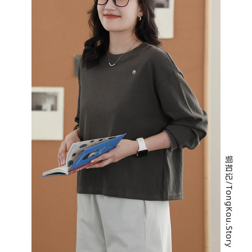 铜扣记麻感棉长袖T恤女显瘦