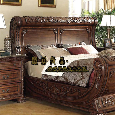 直销美式实木床雪橇床别墅雕花复古做旧卧室1.8米双人床主卧床定