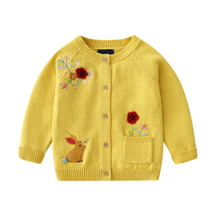 25秋冬新款100-140码 洋气姜黄色小兔子女童纯棉针织开衫毛衣外套