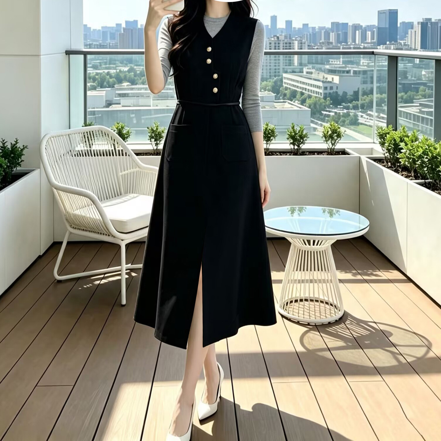 高级黑色无袖连衣裙长款马甲裙