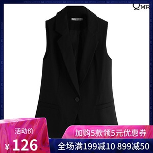 QMR时尚休闲西装领无袖马甲女短款2019春秋新款黑色小马夹外套