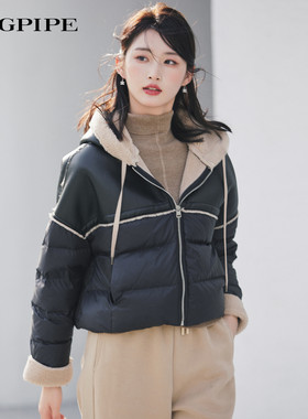 风笛2025冬季新款90鹅绒羽绒服拼接撞色连帽时尚短款上衣外套女