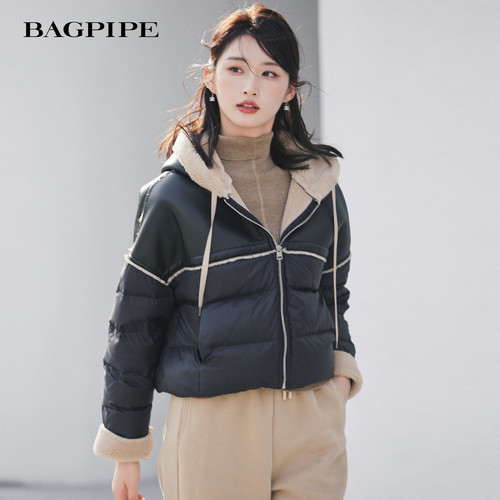 风笛2025冬季新款90鹅绒羽绒服拼接撞色连帽时尚短款上衣外套女