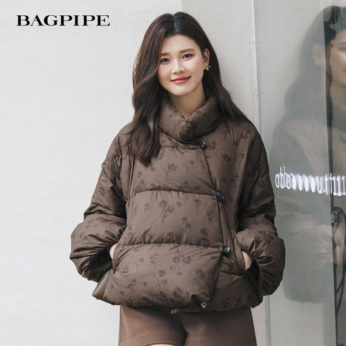 风笛2025冬季新款冬季鹅绒羽绒服女新中式暗纹立领鹅绒保暖外套