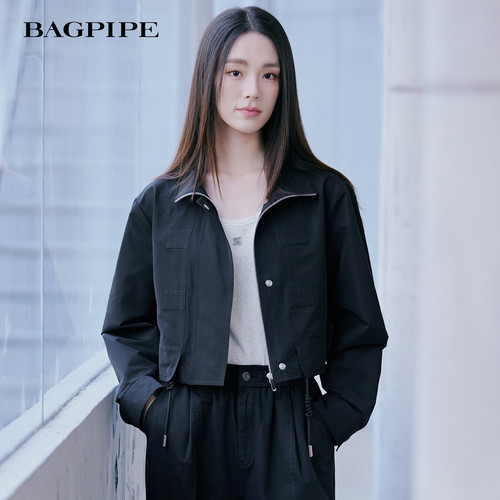 风笛2026秋季新款翻领短款夹克女拉链按扣下摆抽绳工装休闲外套