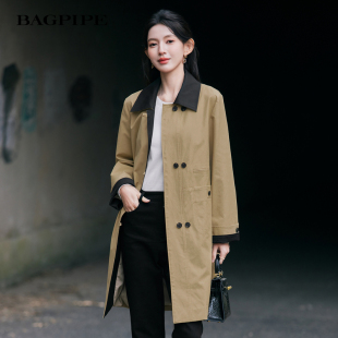风笛2025秋季新款翻领撞色中长款风衣女复古时尚文艺氛围感外套