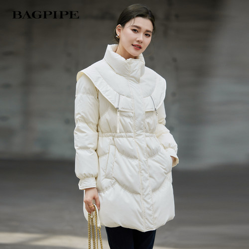 【风笛】2025冬季新款高级感白鸭绒中长羽绒服女冬设计感宽松外套