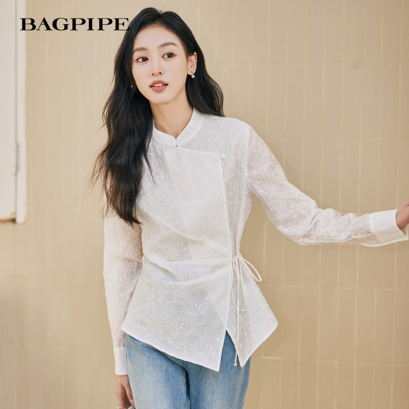 风笛2025秋季新款莱赛尔新中式小立领设计感收腰衬衫时尚气质上衣