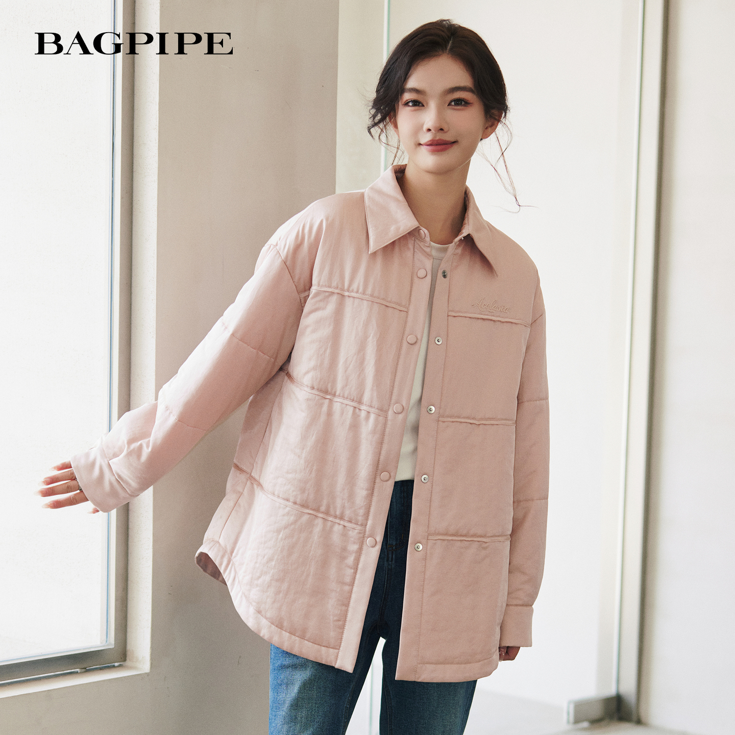 风笛2025冬季新款棉服女休闲百搭中长款轻薄衬衫领单排扣棉衣外套