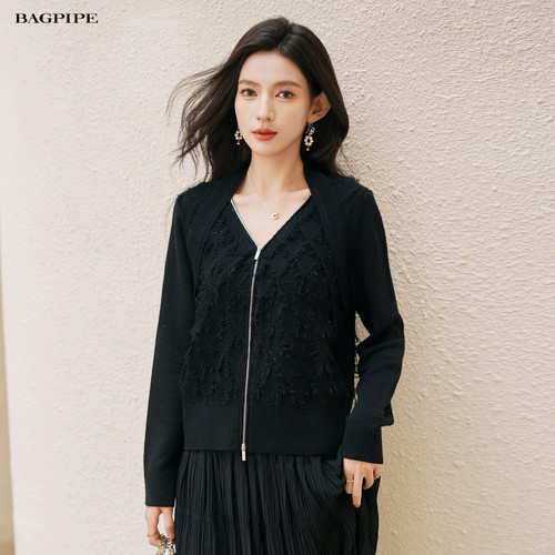 风笛2025秋季新款V领针织开衫女简约气质肌理感双拉链毛衣外搭