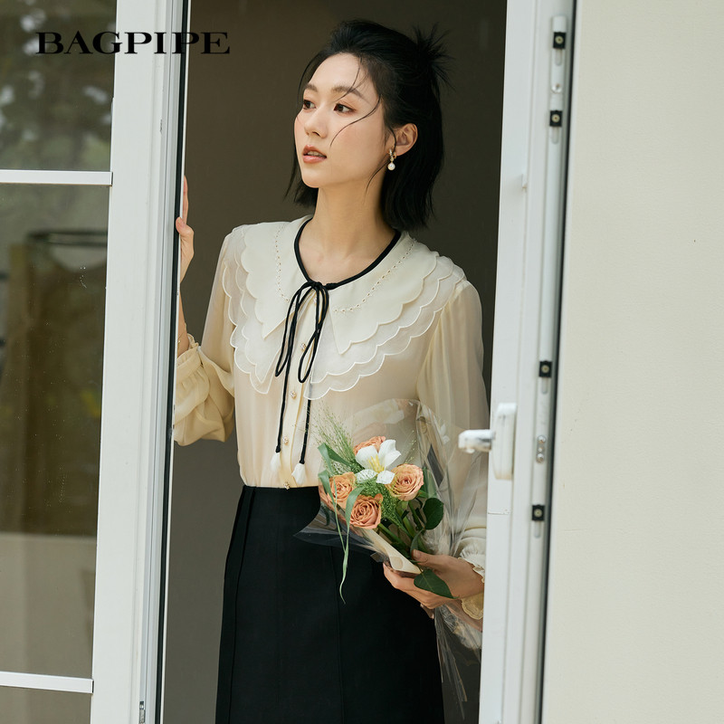 风笛2025春季新款宽松长袖衬衫荷叶边领衬衫女职业撞色系带上衣