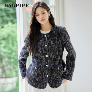 风笛2026春季新款柔和粗花呢小香风外套设计感气质短款上衣