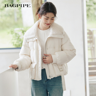 风笛2025冬季新款90鹅绒复古羽绒服设计感短款拼接立领保暖外套