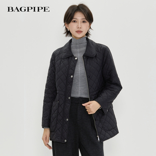 风笛2025冬季新款黑色翻领菱格棉服外套女复古通勤气质保暖棉服