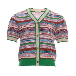 风笛2024夏季新款彩色条纹V领短袖t恤女显瘦气质短款针织上衣