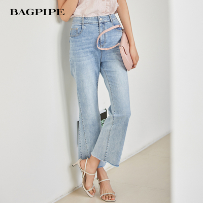 风笛2025夏季新款浅蓝色直筒牛仔裤女高腰宽松显瘦九分马蹄裤