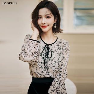 时尚 风笛2025秋季 印花甜美衬衫 系带碎花雪纺衫 气质上衣女 新款