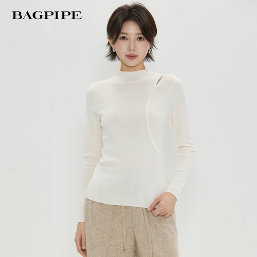 风笛2025冬季新款半高领气质针织衫镂空打底衫显瘦毛衣女内搭