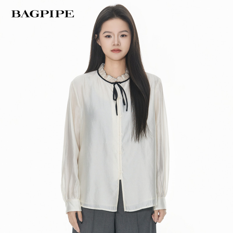 风笛2025春季新款法式长袖衬衫女木耳领口细带气质优雅内搭上衣,女装/女士精品,衬衫,淘宝优惠券,粉丝福利购,淘宝优惠卷