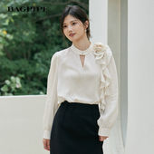 立体花朵小众长袖 风笛春季 女优雅通勤气质衬衫 套头雪纺衫 上衣 新款