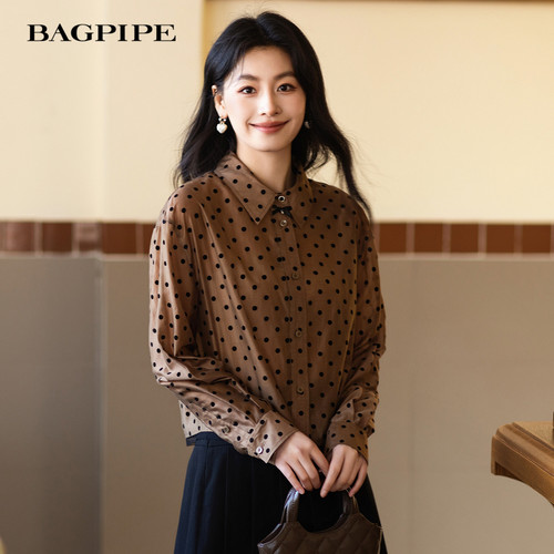风笛2025秋季新款莱赛尔翻领设计感波点衬衫上衣港式复古衬衫外套