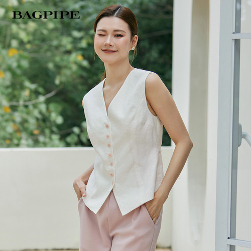 风笛2025春季新款V领马甲女100%亚麻精致高级感开衫马夹