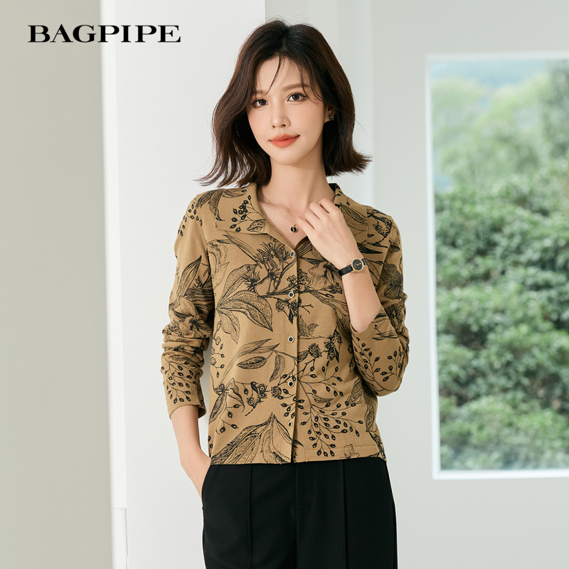 风笛2025春季新款女士衬衣水墨画印花通勤复古上衣新款长袖衬衫