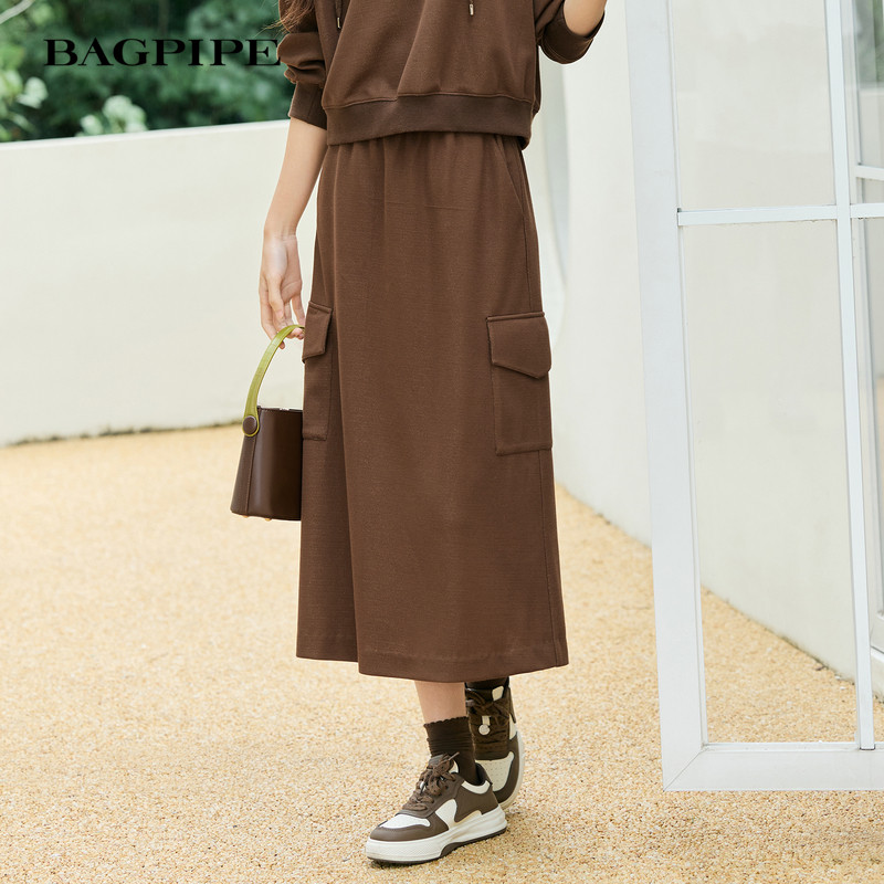 风笛2025春季新款咖色高腰工装卫衣半身裙休闲松紧腰长裙女