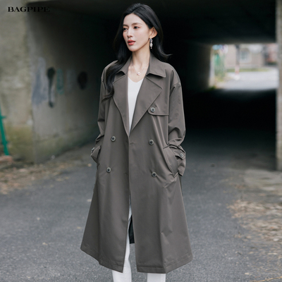 风笛2025秋季新款廓形风衣女气质百搭双排扣中长款宽松通勤外套