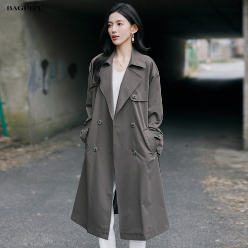风笛2025秋季新款廓形风衣女气质百搭双排扣中长款宽松通勤外套