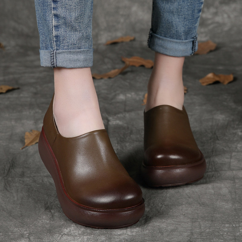 秋季单鞋女2019民族风休闲皮鞋真皮平底圆头复古舒适坡跟厚底鞋子在类目 女鞋, 低帮鞋中 - 来自Buy2taobao.com提供专业的淘宝代购服务
