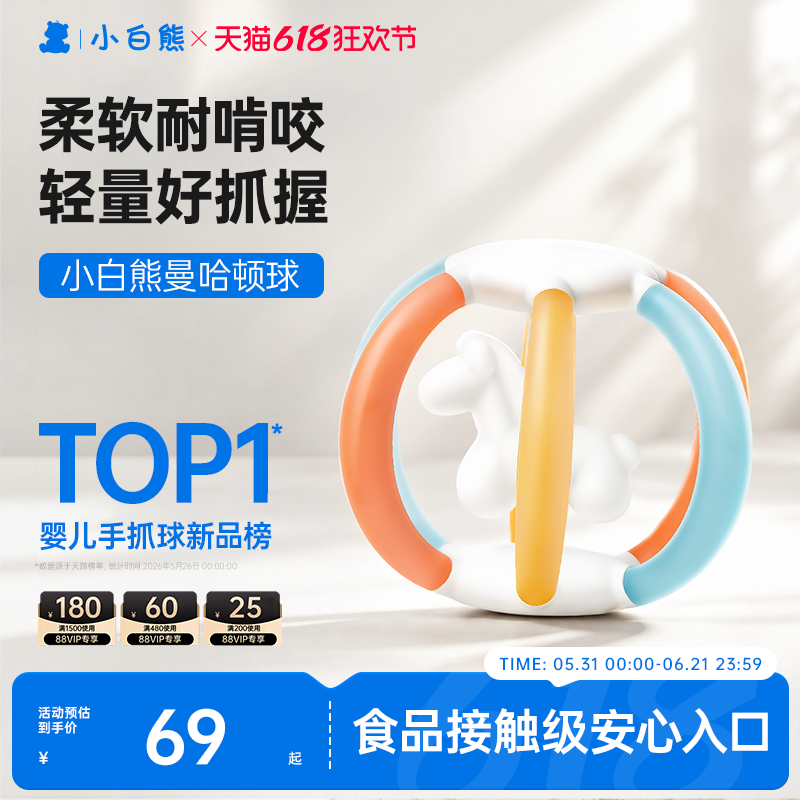 小白熊曼哈顿手抓球牙胶婴儿防吃手小月龄口欲期硅胶安抚咬胶玩具