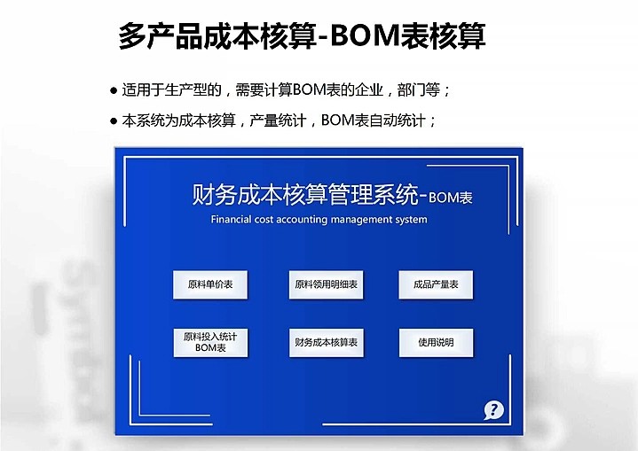 多产品成本核算管理Excel表格模板系统原料投入统计单位用量BOM表