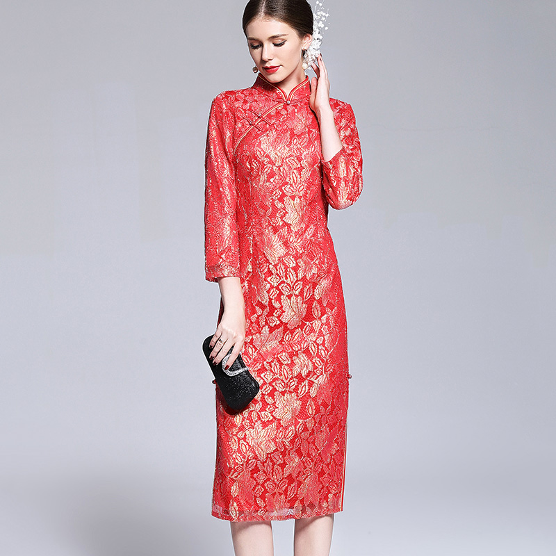 2025夏季新款女装高端妈妈装婚宴礼服名媛气质旗袍红色蕾丝连衣裙